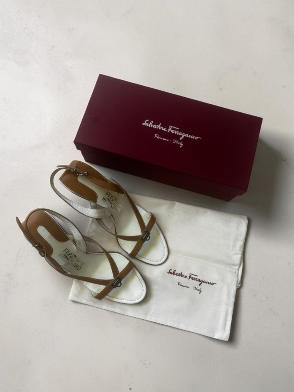Salvatore Ferragamo Brown and White Leather Wedge Sandals
